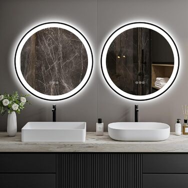 Круглий LED-дзеркало для ванної кімнати ChillCruiser 50 см з чорною рамою, антизапар, 3 кольори, 500 мм