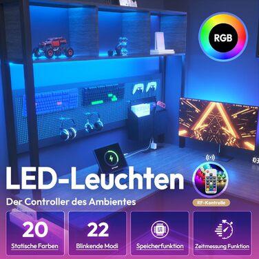 Dowinx Геймінговий кутовий стіл з LED-підсвічуванням, 120x148 см, з розетками та USB, сірий