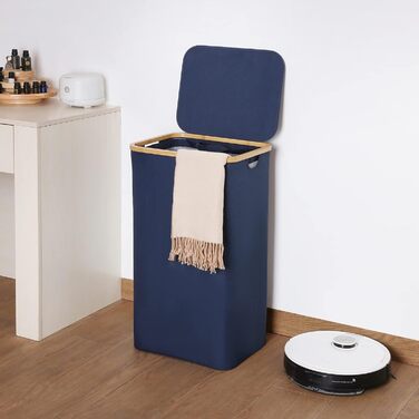 Кошик для білизни з кришкою Efluky, 100 л, блакитний, XL, з бамбуковими ручками та внутрішніми кишенями для сортування