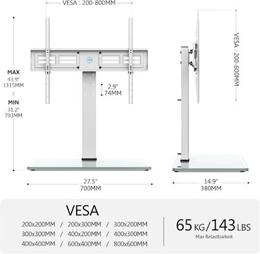 Універсальна підставка під телевізор FITUEYES для плоских/вигнутих телевізорів 50-85 дюймів, до 50 кг, поворотна, регульована по висоті, біла