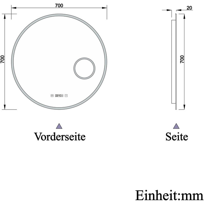 Круглий LED дзеркало для ванної кімнати 70 см з підсвічуванням, сенсорне управління, протитуманне покриття, Alpha серія, холодний білий світ, 70x70 см, 3 режими освітлення (дзеркало+годинник)