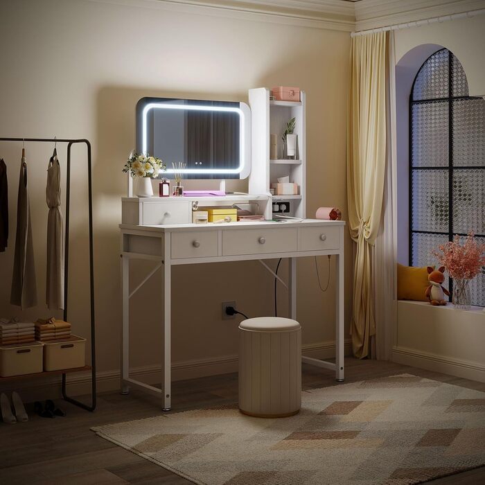Трюмо ODK з регульованим LED-дзеркалом, туалетний столик з 4 висувними ящиками, USB-порт, білий колір, 100×40×140 см