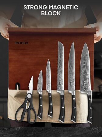 Набір ножів FOHERE 7 предметів: кухонний, для хліба, овочевий, з точилкою та магнітним блоком з нержавіючої сталі та дерева