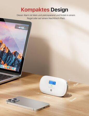 Детектор чадного газу X-Sense, сертифікований TÜV Rheinland, датчик на 10 років, з змінною батареєю та цифровим дисплеєм, кнопка тестування, автономний, білий