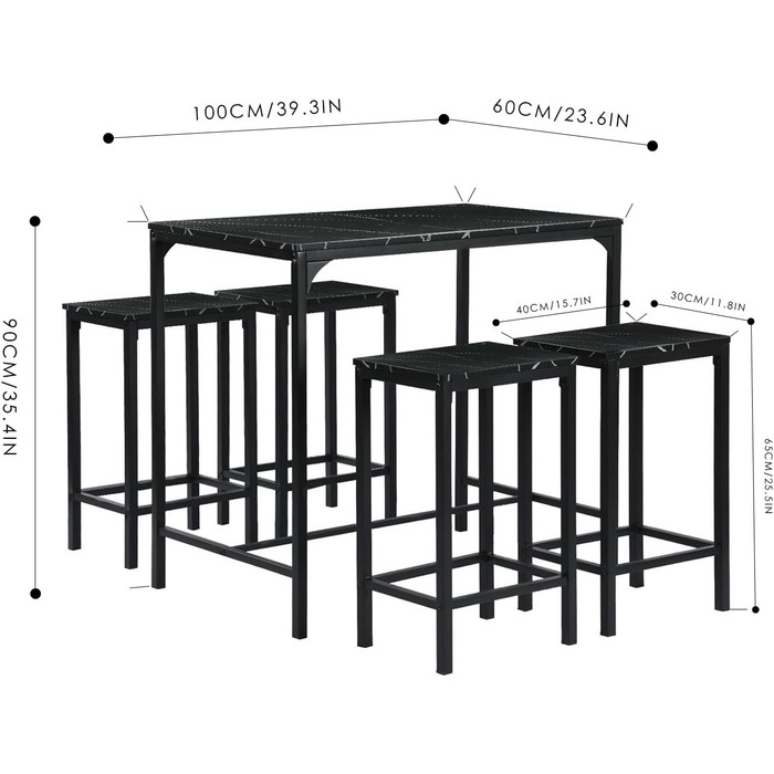 Набір барних столів ReseeZac 4 барні стільці, візерунок чорний мармур, стіл 100х60х90см, табурет 30х40х65см