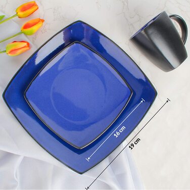 Набір посуду MIAMIO з 16 предметів сервіровка столу (4 миски, 4 кавові чашки, 4 великі тарілки, 4 маленькі тарілки) - Колекція Marsili (синя)