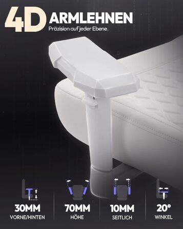 Ігровий крісло Dowinx, 200 кг, ергономічний, з підлокітниками 4D та підтримкою попереку, для геймерів та кіберспорту (білий)