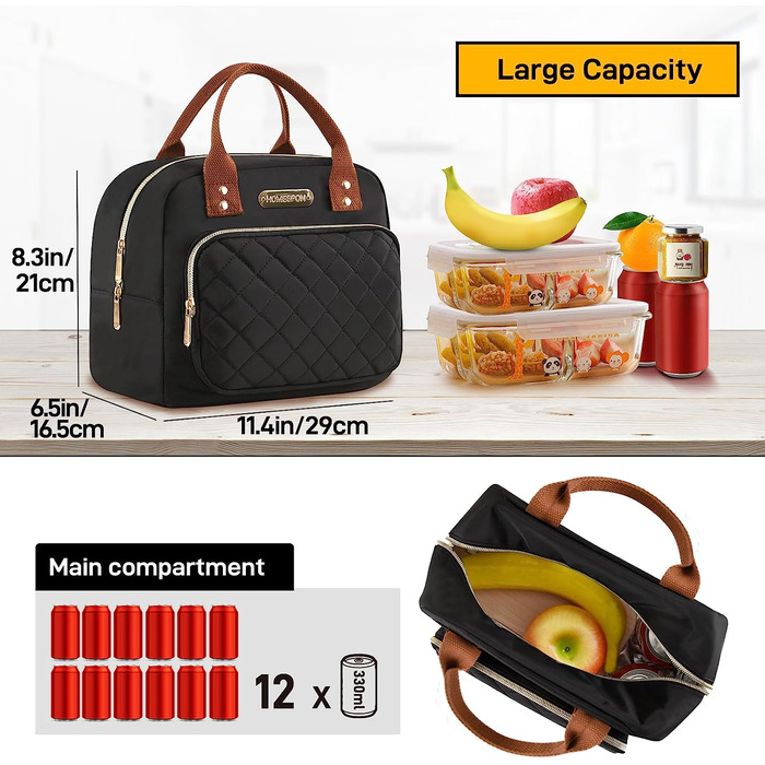 Домашня ізольована сумка для сніданку для жінок і чоловіків, сумка-холодильник для дорослих, контейнер для ланч-боксу (золотисто-чорний)