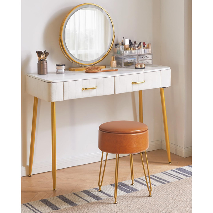 Пуф-табуретка з велюру круглої форми, золоті ніжки, для макіяжу та відпочинку, L/G-30P (з ящиком для зберігання, світло-коричневий)