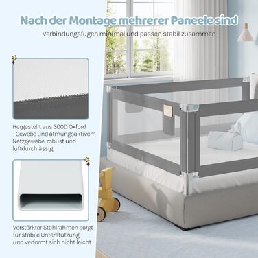 Бортик для ліжка WOLTU 150 см, захисний бар'єр для дітей та немовлят, регульована висота 69-87 см, тканина Оксфорд, металевий каркас, темно-сірий