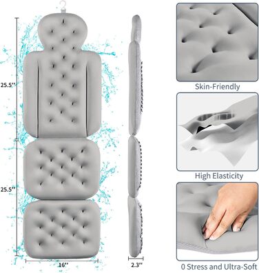 Подушка для ванни, повного тіла з 160 присосками, килимок для ванни для підтримки голови та шиї, з мішком для білизни (Темно-сірий, 130 x 41 см)