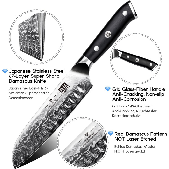 Ніж кухарський SHAN ZU Damast 20 см, 67 шарів дамаської сталі, серія PRO, з ручкою G10