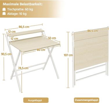 Зкладний стіл Yaheetech 80 см для комп'ютера з полицею, двоярусний робочий стіл з підставкою для монітора, стіл для ноутбука для дому/маленьких кімнат/вітальні, білий/80 см x 50 см, білий (світле дерево)