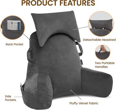 Підлогове крісло для читання з підголовником (світло-сірий, Oeko-Tex), м'яке спинне крісло з підлокітниками та кишенями для дорослих, зручне ліжко-крісло з Memory Foam для гуртожитку, світло-сірий, великий, преміум-якість