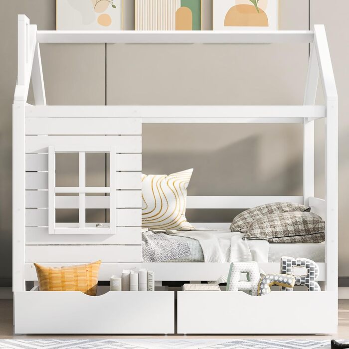 Дитяче ліжко 80x160 см з ящиками та віконцем, масивне дерев'яне ліжко з бортиками та ламелями, ліжко-будиночок для хлопчиків та дівчаток, ліжко-будиночок, ліжко для підлітків, без матраца, біле