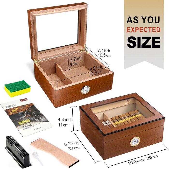 Вологозбережувач для сигар Slege, дерев'яний бокс з іспанської кедру, гігрометр, роздільники, аксесуари для сигар (30-50 сигар) (колір: коричневий)
