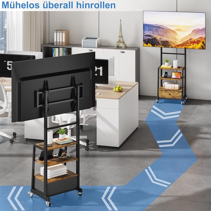 Тумба для телевізора на колесах з ящиком, для телевізорів 32-75 дюймів, регульована, з розеткою, коричнева, 140 см