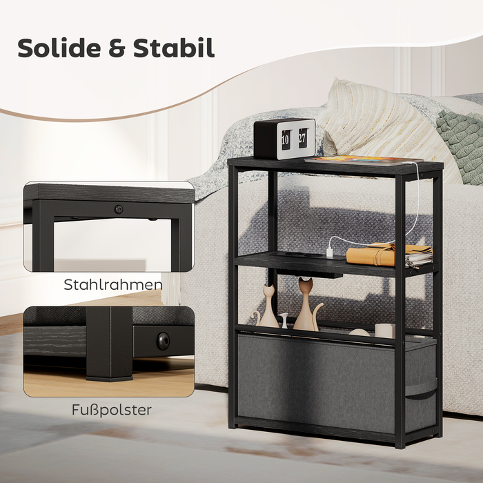 Приставний столик-журнальний столик з розеткою, полицею для зберігання, ідеальний для невеликих приміщень, розміри 45x18x60,2 см, колір чорний