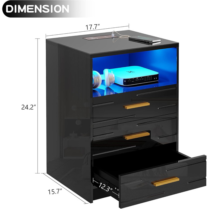 Приліжкова тумбочка Lvifur LED, високий глянець, сенсорний екран, 3 шухляди, USB/Type-C, бездротова зарядна станція, чорний