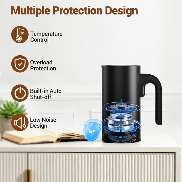 Електричний спінювач молока 5-в-1, 600W, для гарячого та холодного молока, об'єм 350 мл, з антипригарним покриттям, для капучино, лате, гарячого шоколаду (з нержавіючої сталі)