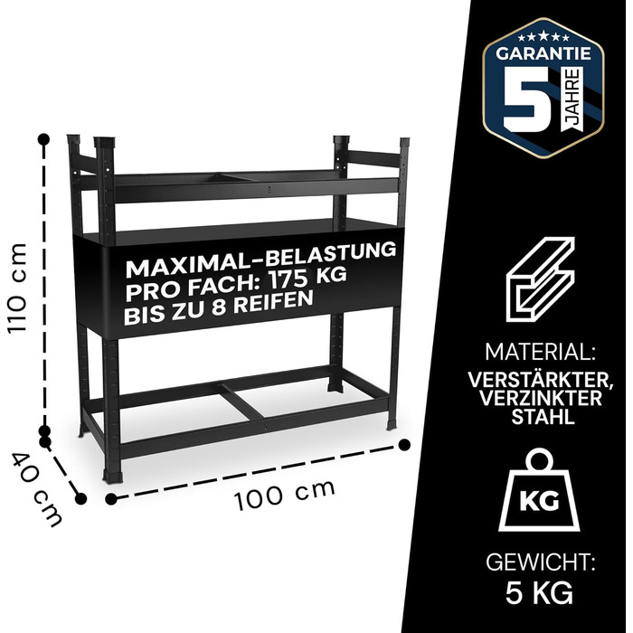 Стійка для шин Premium 8 шин, 100x110x40 см, чорна, 175 кг, для гаража та складу