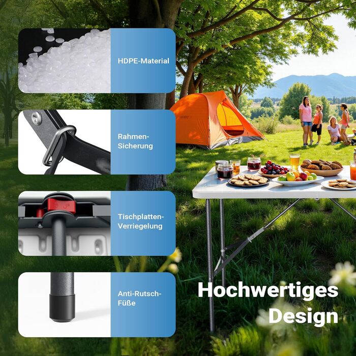 Складаний кемпінговий стіл Wiltec 122x60x75 см, стіл для пікніка, саду та виїзних заходів з ручкою для перенесення