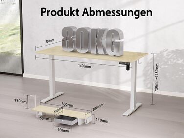 Регульований стіл WALKINGDESK для дому та офісу: електричний, з ящиками, полицями та гачками (140x60 см, дуб)