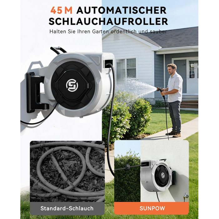 Шланговий барабан SUNPOW настінний 30м для саду, тераси та двору. Автоматичний намотувач, поворотна стійка 180°, 10 функцій розпилення, діаметр 16 мм.