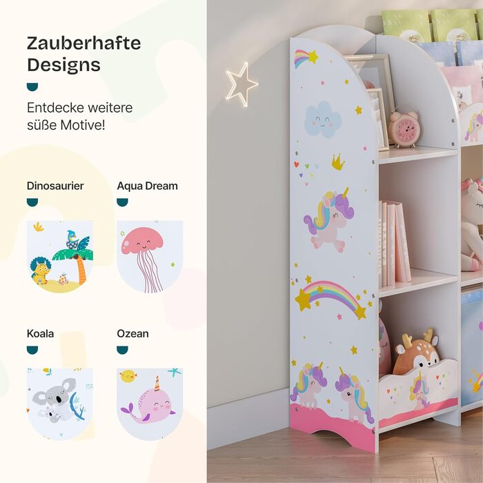 Дитяча полиця для іграшок Lysekil від en.casa з 2 ящиками для зберігання, 100 x 93 x 30 см, мотив єдинорога