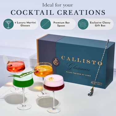 Набір келихів для мартини Callisto Glassware, 4 шт. з барними ложками, ручної витримки, кришталеві келихи Coupé для коктейлів, шампанського, мартини, мантхаттена, космополітену