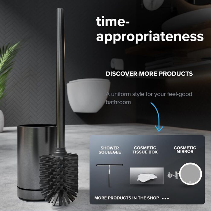 Торцева щітка для унітазу ROMO | Силіконова щітка для унітазу | З вентиляцією | Свободно стояча | Замінний WC-головка з нержавіючої сталі | Знімна підставка для крапель | Торцева щітка без кріплення до стіни (Без бачка, Gunmetal)