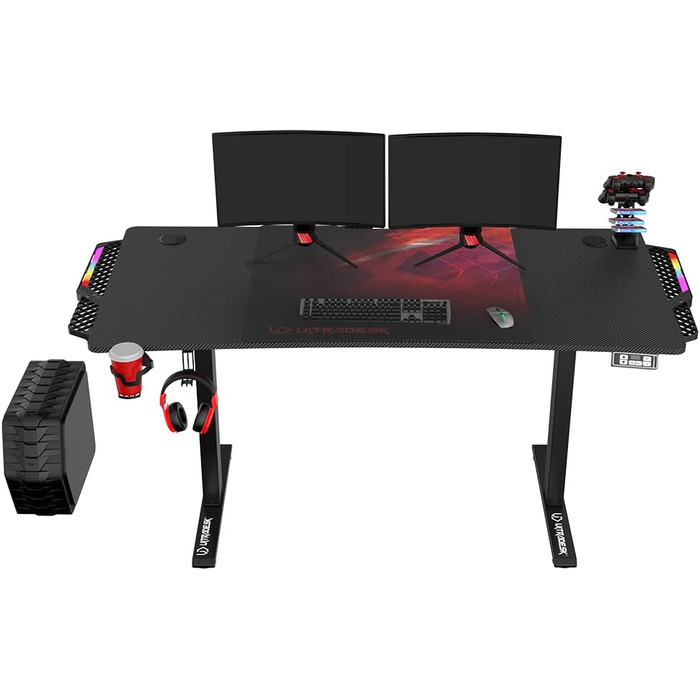 Ігровий стіл ULTRADESK Level V2 LED RGB з електричним регулюванням висоти Внутрішня пам'ять на 2 налаштування Подовжувач, килимок для миші розміру XXL Сталева рама, червона накладка, 140x68 см