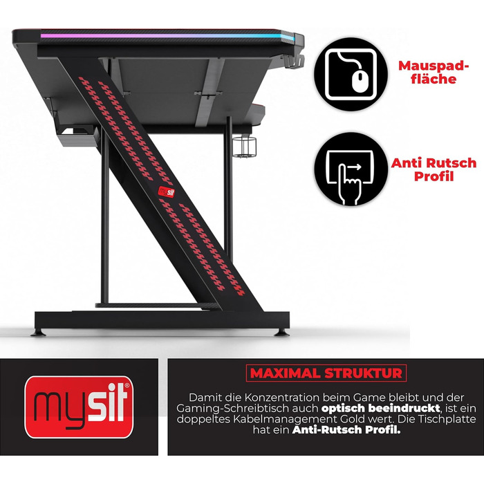 Ігровий стіл MY SIT Titan 140 см з підсвічуванням LED, тримачем для навушників, тримачем для ПК та напоїв, кабельною організацією, чорний