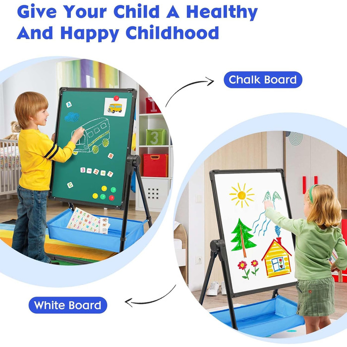 Дитяча мольберт Kinder Staffelei: двостороння дошка для малювання з крейдою та білою дошкою, регульована висота, з аксесуарами, чорний