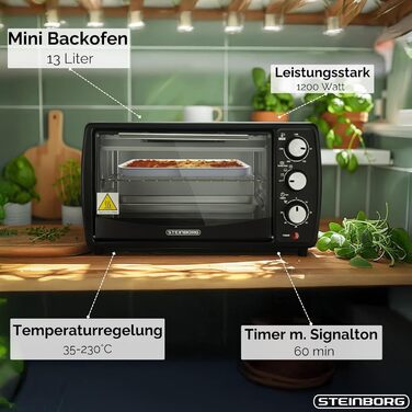 Міні-піч Steinborg® 13 літрів з крихтозбирачем, верхнє та нижнє нагрівання, 1200 Вт, таймер. Ідеально для кемпінгу або дому. Регулювання температури до 230°C