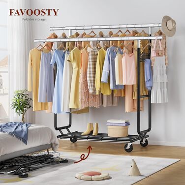 Стійка для одягу на колесах FAVOOOSTY, металева, мобільна, до 200 кг, чорна, 2 стійки