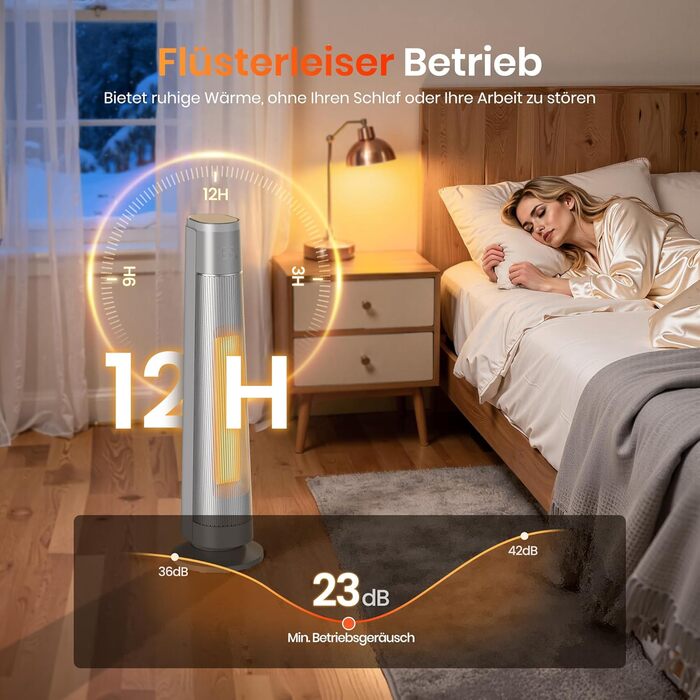 Електричний обігрівач з термостатом та ECO-режимом, 1500W, PTC керамічний, 4 режими, цифровий дисплей, таймер 12 годин, 35dB, срібний (74cm)