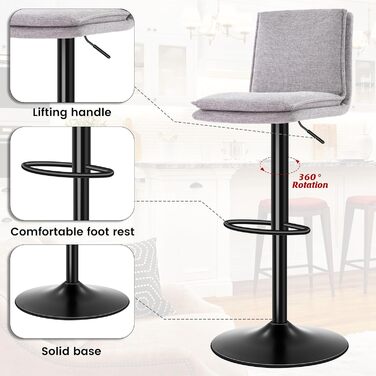 Барний стілець з льону, регульована висота, обертається, з підлокітником, для кухні та їдальні, сірий, 2 шт. Gary New