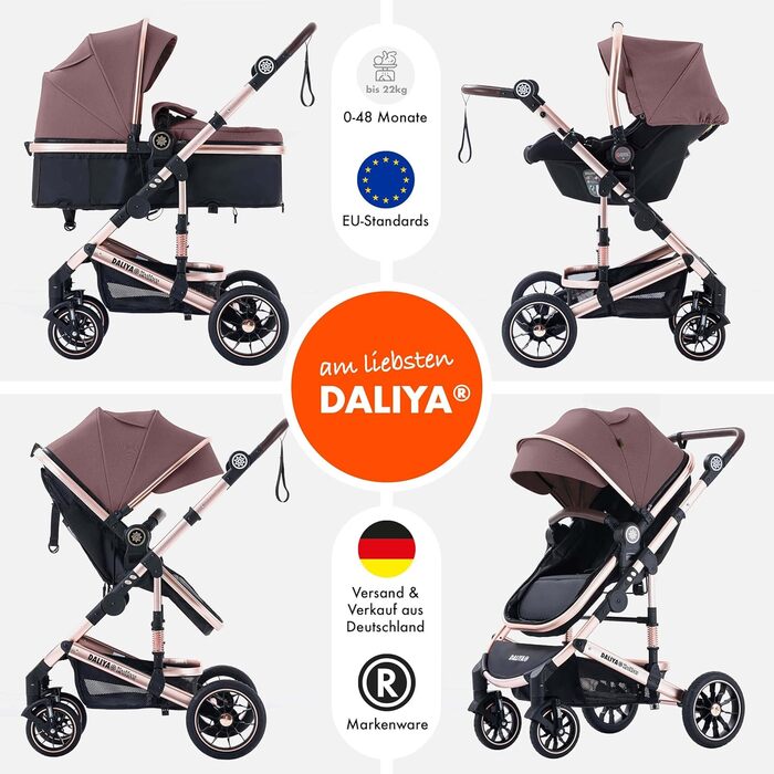 Дитяча коляска 3в1 NEOMOVE від Dalia® | Коляска для прогулянок та подорожей | Алюмінієвий каркас, великий кошик | Колір Rosegold-Violett