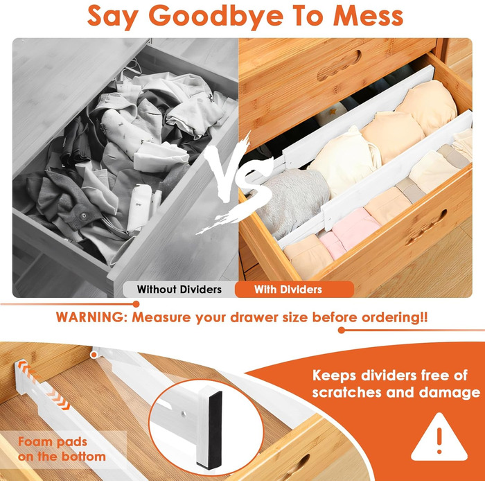 Органайзери для шухляд MUUKAIII (6 шт.) - бамбукові роздільники для шухляд, 43-56 см, 6 см висота, для кухні та шафи - білий