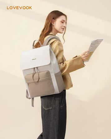 LOVEVOOK Рюкзак для жінок, 15.6 дюймів, рюкзак для школи, водонепроникний, для підлітків, легкий, з відділенням для ноутбука, для подорожей, універсітету, роботи, 15.6 дюймів, бежевий+хакі