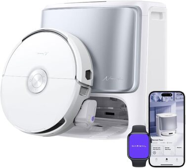 Робот-пилосос NARWAL Flow з функцією миття підлоги, система FlowWash з автоматичним самоочищенням, потужність 22000 Па, збір шерсті тварин DualFlow, миття 45-80°C та гаряче повітря, док-станція для самостійного очищення