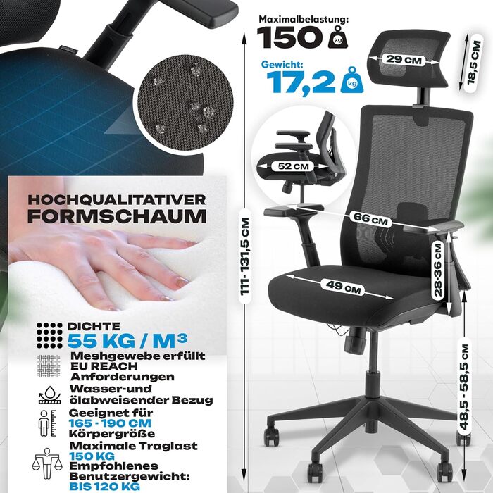 Ергономічне крісло M3 Komfort Pro (чорний) з регульованими підлокітниками та підтримкою попереку - офісне крісло для здорового сидіння