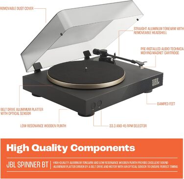 Програвач вінілу JBL Spinner BT з Bluetooth та aptX HD, чорний/золотий – високоякісний вініловий програвач