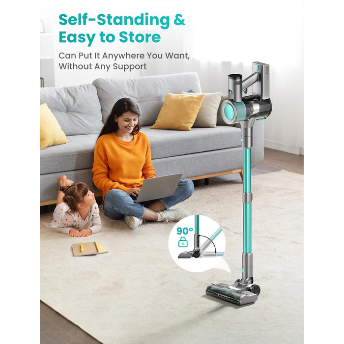 Бездротовий пилосос Dzaki 45000Pa з акумулятором, дисплеєм та антизаплутувальною насадкою для твердих поверхонь, килимів, шерсті тварин та авто (блакитний)