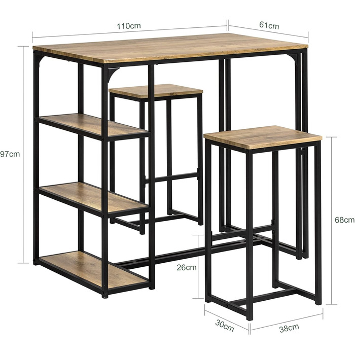 Набір барних столів SoBuy OGT43-F 3 шт. и, з полицею, натуральний, в т.ч. 2 барних стільця
