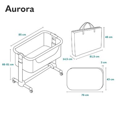 Дитяче ліжко Lionelo Aurora 3in1 до 9 кг, спальне місце, люлька, регулювання висоти, нахил, 4 колеса, сірий