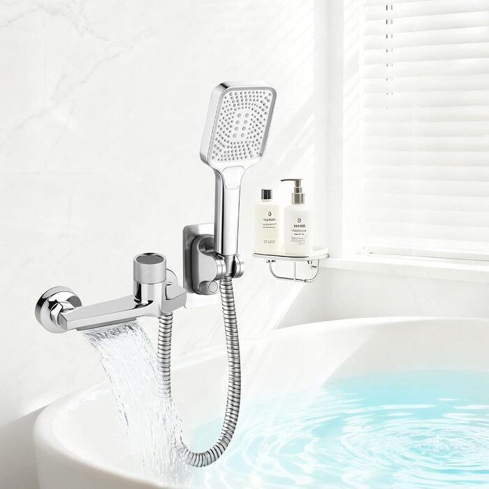Змішувач для ванни з термостатом та двома виходами, душова лійка з запобіжним клапаном, настінний для ванни та душу, хром