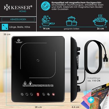 Індукційна плитка KESSER® 2100W з 1 зоною, 28 см, сенсорне керування, таймер, мікрофібра та рецепти