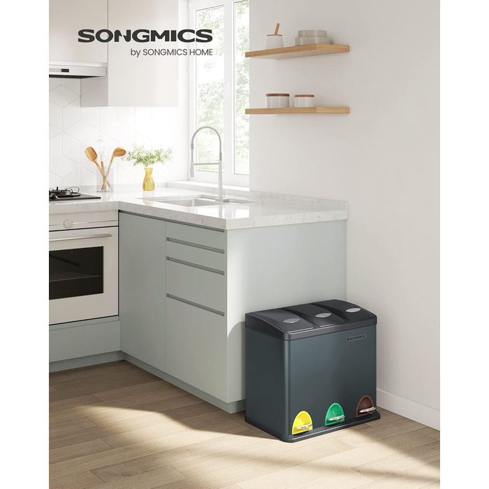 Сортувальний смітник для кухні SONGMICS 3×8 л з кришкою, сталевий педальний відро для роздільного збору, біло-сірий, для маленьких сімей